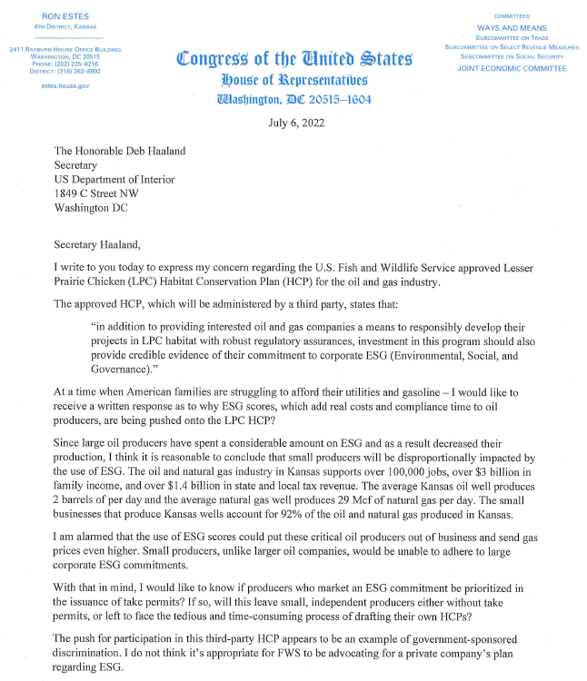 Representative Ron Estes (R-Kan.) sent a letter to Interior Secretary Deb Haaland encouraging re-evaluation of the Administration's Habitat Conservation Plan
