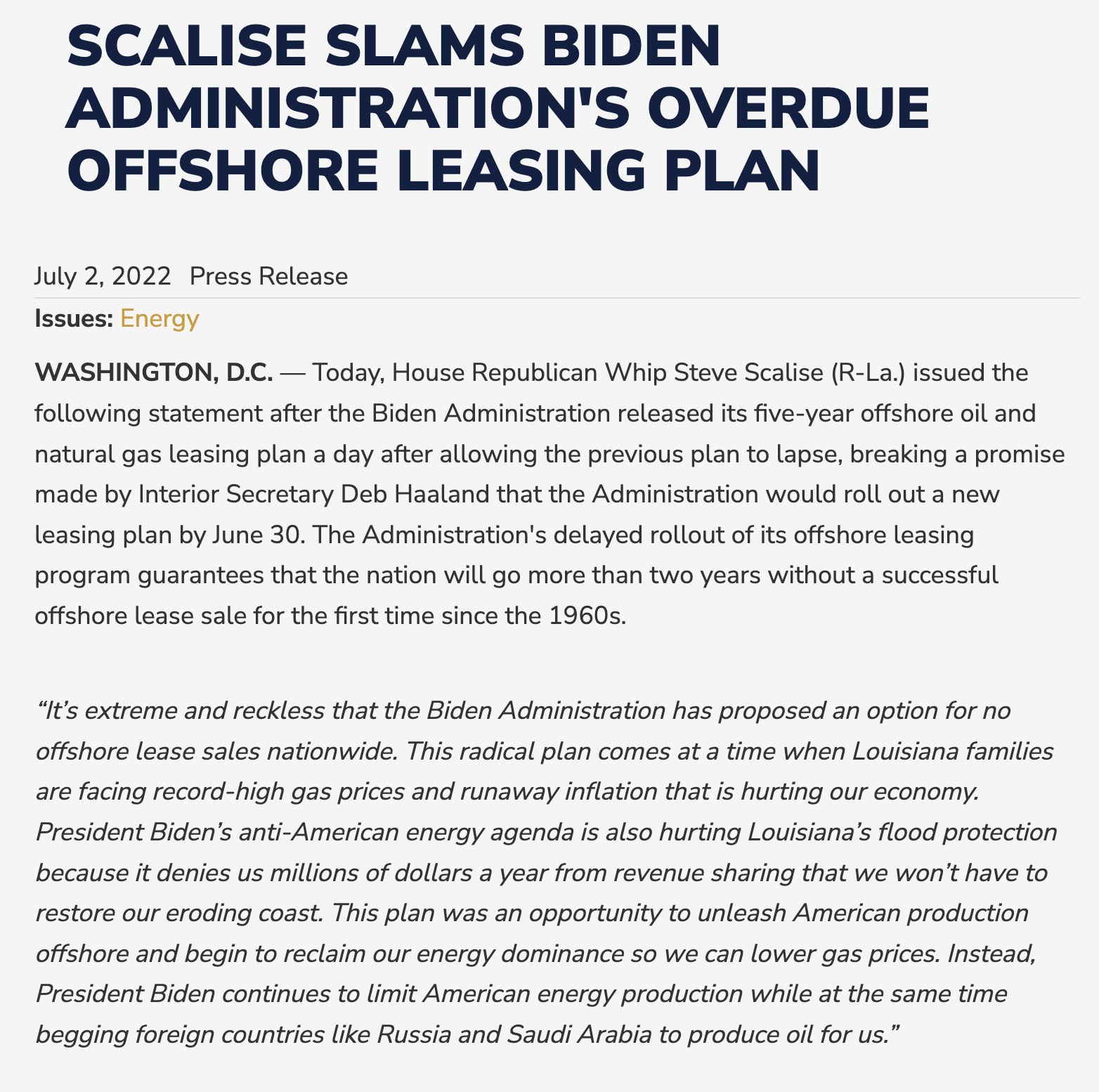  Rep. Scalise slams Biden administration's overdue offshore leasing plan