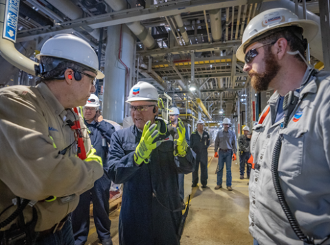 Leader Scalise receives a construction update from Chevron Anchor manager as they near the first oil export.