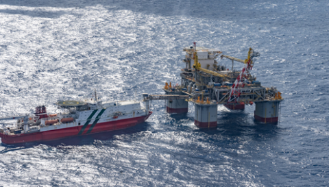 View from the helicopter as the delegation approaches the Chevron Anchor platform.
