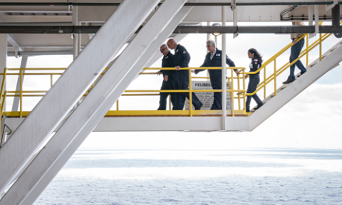 Leader Scalise, Rep. Bentz, and Rep. Ellzey make their way to the control room ahead of a day of briefings and tours led by Chevron regional and platform leadership.