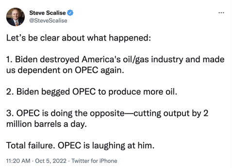 Scalise Tweet on OPEC reducing oil production 